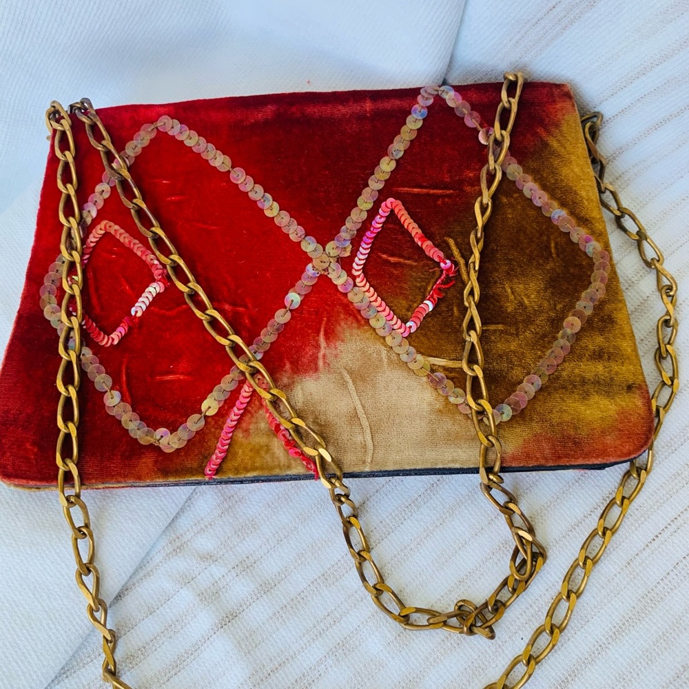 Red and Gold Quilted Clutch with Chain Strap